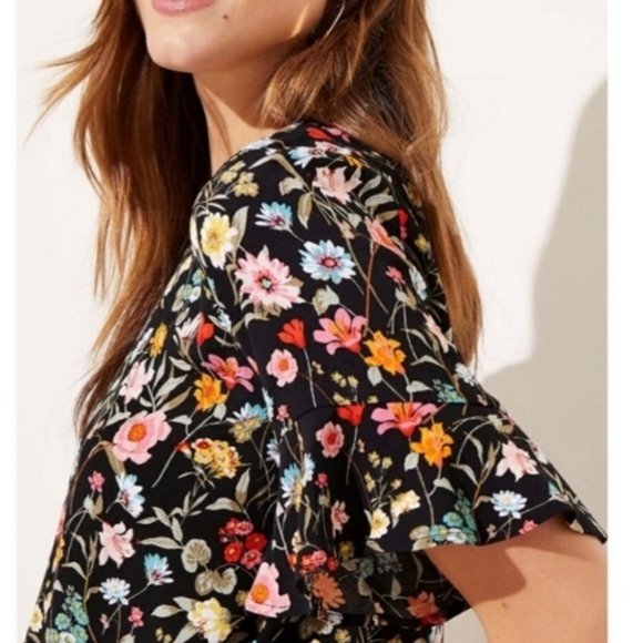 Loft Floral Blouse Lily Bubble Hem Top Black Boho Office Classic Women's Medium - Picture 2 of 10